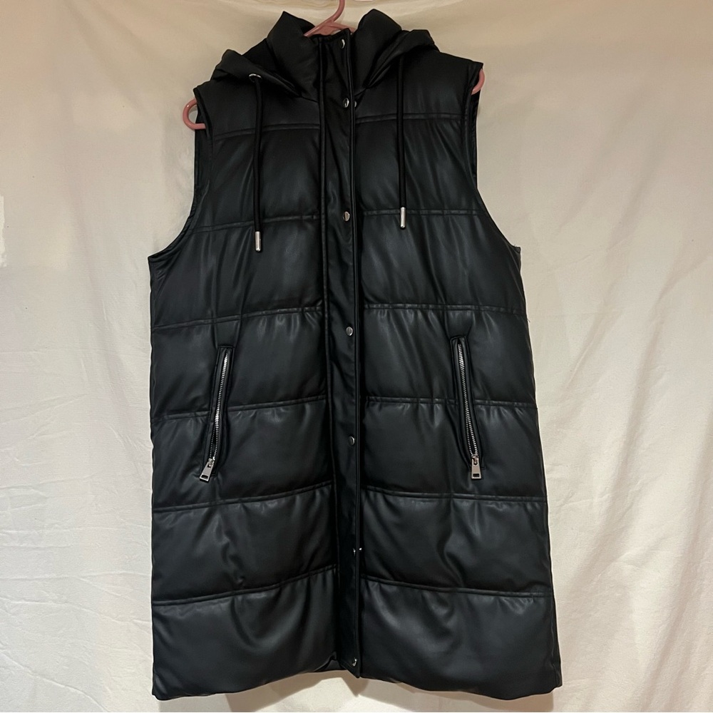 Zara Faux Leather Black Hooded Vest